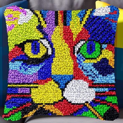 Colorful Cat Latch Hook Kits Pillow Crochet Yarn Rug Pre-Printed Cushion DIY Needlework Pillowcase Hook and Latch Kit Christmas Home Sofa Decoration 43x43cm