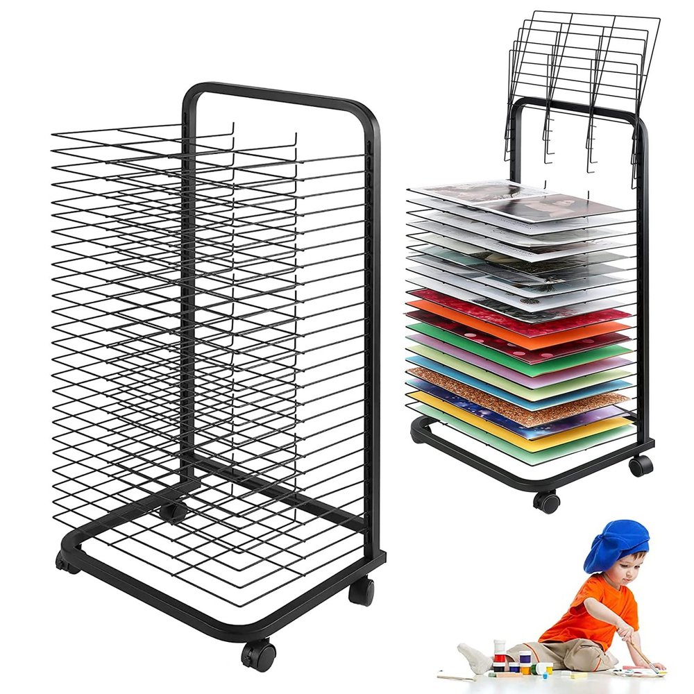 DOKMOS Mobile Art Drying Rack for Classroom Paint Crafts Drying Rack Metal Artwork Storage Display Rack Standard A3 Paper Shelves with Wheels for Schools and Art Clubs, Black (Size : 25 Wire Shelves)