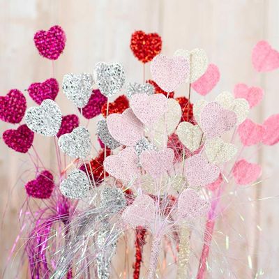 Pack of 6 Tinsel Valentine's Day Burlap Heart Floral Stems - Sweet and Romantic Heart Pick Decorations for Bouquets, Wreaths, Roses, and Flower Arrangements (10" H)