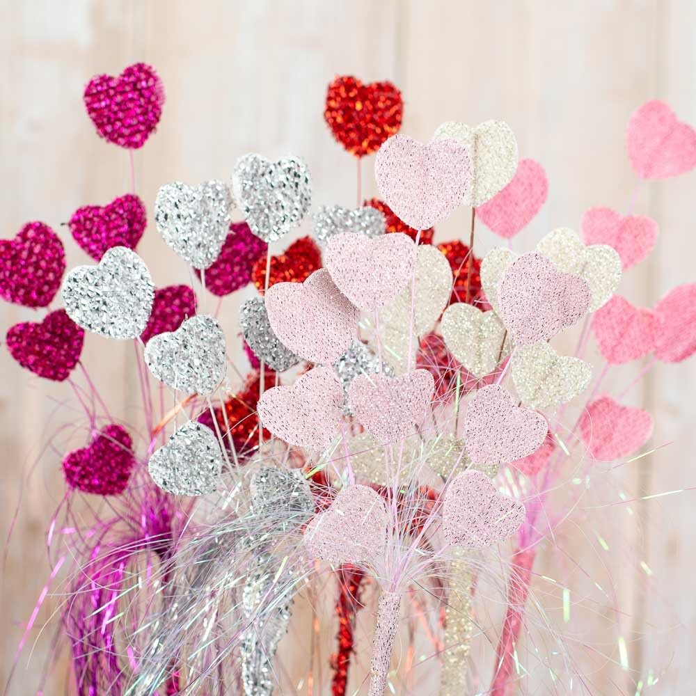 Pack of 6 Tinsel Valentine's Day Burlap Heart Floral Stems - Sweet and Romantic Heart Pick Decorations for Bouquets, Wreaths, Roses, and Flower Arrangements (10" H)