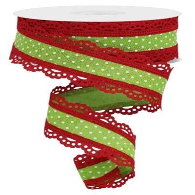 Raised Swiss Dot Red Lace Edge Lime Green/White Wired Ribbon 1.5" X 10 Yards, Swiss Dot Ribbon