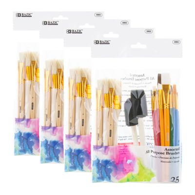 BAZIC Products All Purpose Brush Set, 25 Count, Quality Brush Build, for Painting Art Crafts, Assorted Colors, 4 Pack