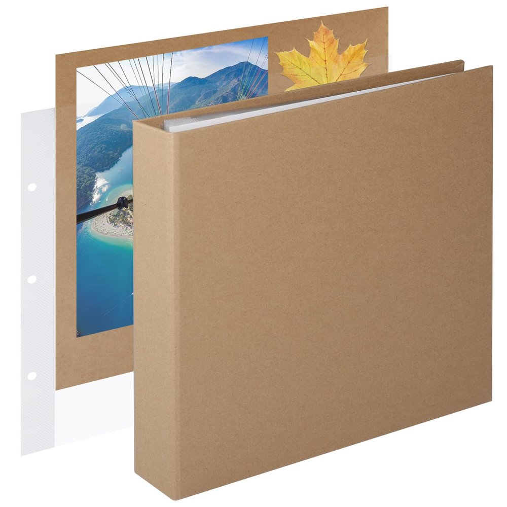 1DOT2 8x8 DIY Small 3 Ring Scrapbook Photo Album Journal with 30 Plastic Sleeves 60 Pages and Kraft Paper Cover for Baby Travel Wedding Couple Anniversary Kids Adventure (8x8 Inch, Yellow)