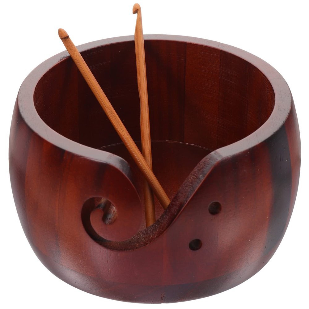 Ciieeo Organizer Yarn Bowl with Hole Wooden Yarn Bowl with Lid for and Hooks Craft Storage