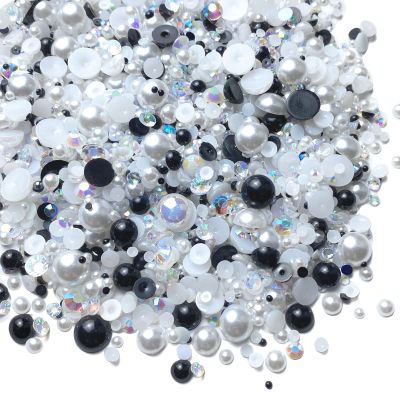 100g Mix Resin Rhinestones Flatback Half Round Pearls Mixed Size 3mm-10mm AB Color Half Pearls Resin Rhinestones for DIY Craft Nail Art Shoes Clothes Phone Case (Black White Series)