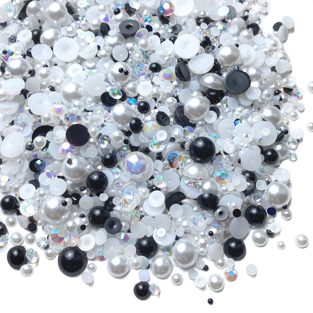 100g Mix Resin Rhinestones Flatback Half Round Pearls Mixed Size 3mm-10mm AB Color Half Pearls Resin Rhinestones for DIY Craft Nail Art Shoes Clothes Phone Case (Black White Series)