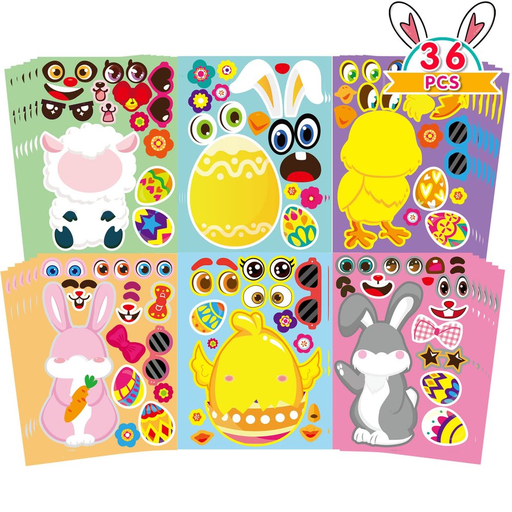 36 Sheet Easter Stickers for Kids,Easter Basket Stuffers,Make a Face Sticker, Make Your Own Animal Stickers,Party Favor Supplies Crafts