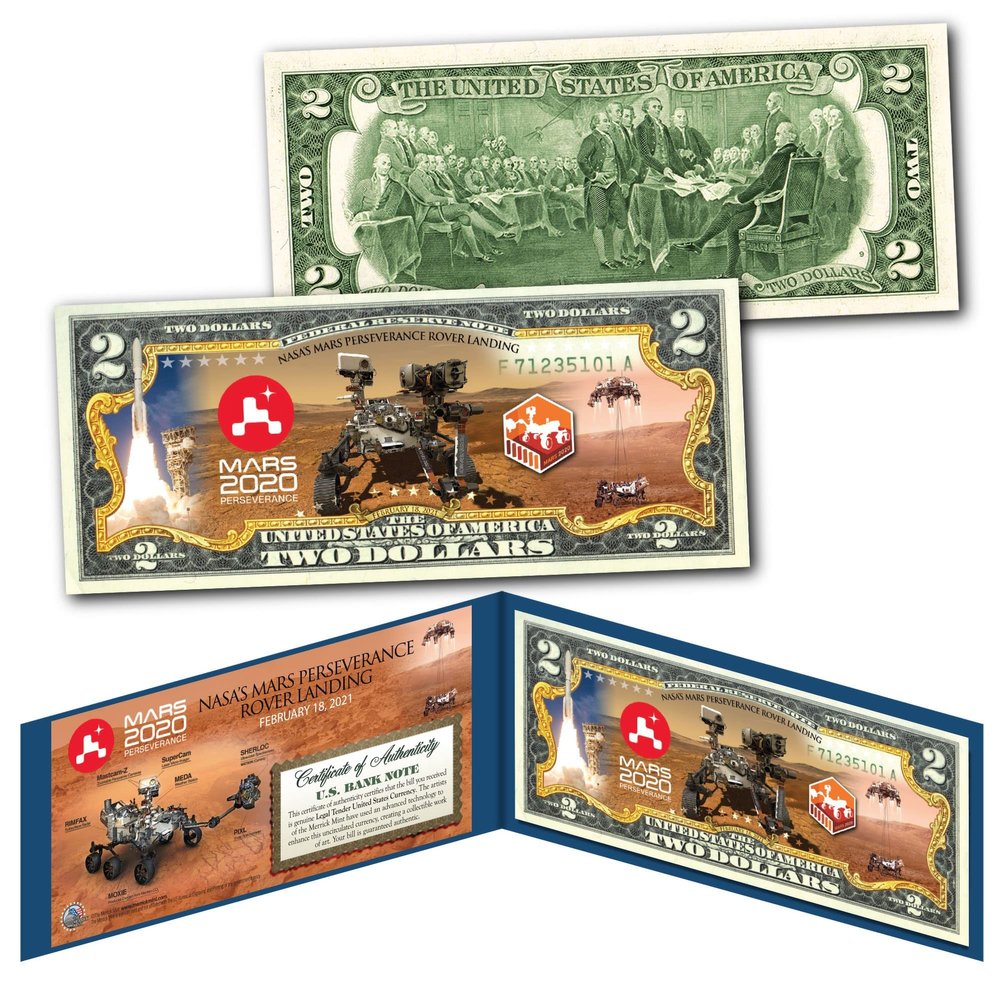 Mars 2020 Perseverance Rover Landing NASA Space Program Uncirculated Two Dollar Bill Special Edition Collectible Display Holder and Certificate