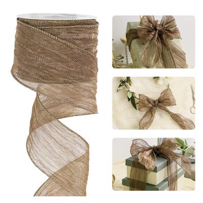 HUIHUANG Copper Brown Wired Ribbon 2-1/2" Shiny Crinkle Wire Edged Metallic Ribbon for Wedding Holiday Wreaths Craft Basket Bows Making Home Decor Gift Wrapping Christmas Tree Top Bows -10 Yards