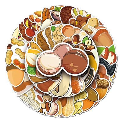 Mekycro Nut Stickers Pack 50 PCS, Cute Cartoon Vinyl Waterproof Die-Cut Nut Sticker Set for Water Bottles Laptop Luggage Skateboard, Peanut Almond Acorn Food Decals for Scrapbook Journal Phone Case