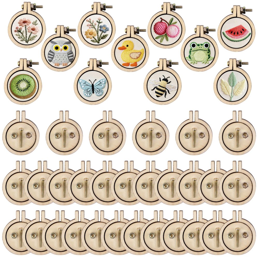 Framendino, 40 Pack Mini Embroidery Hoops Small Ring Tiny Round Wood Cross Stitch for Frame Crafts Jewelry