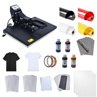 LGXEnzhuo 16x24Inch Flat Heat Press Machine Kit, 110V 1800W Large Format Clamshell T-Shirt Transfer Press Combo, with Ink Paper Vinyl for T-Shirt Printing
