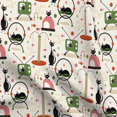 Spoonflower Fabric - Midcentury Modern Cats Play Room Vintage Retro Cat Kitten Mod Printed on Organic Cotton Sateen Fabric Fat Quarter - Sewing Quilting Apparel Home Decor