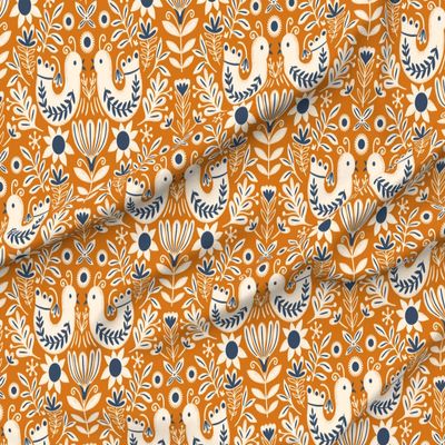 Spoonflower Fabric - Birds Folk Art Scandinavian Nature Holiday Orange Cream Blue Floral Printed on Denim Fabric by The Yard - Bottomweight Apparel Home Decor Upholstery
