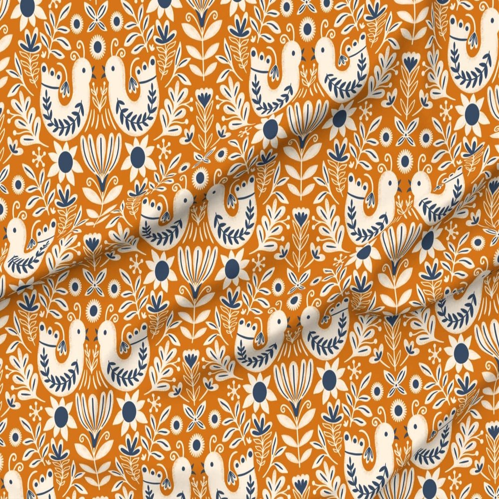 Spoonflower Fabric - Birds Folk Art Scandinavian Nature Holiday Orange Cream Blue Floral Printed on Denim Fabric by The Yard - Bottomweight Apparel Home Decor Upholstery