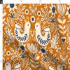 Spoonflower Fabric - Birds Folk Art Scandinavian Nature Holiday Orange Cream Blue Floral Printed on Denim Fabric by The Yard - Bottomweight Apparel Home Decor Upholstery view 2
