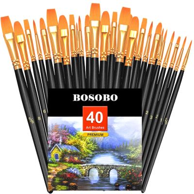 BOSOBO Paint Brushes Set, 4 Pack 40 Pcs Round Pointed Tip Paintbrushes Nylon Hair Artist Acrylic Paint Brushes for Acrylic Oil Watercolor, Face Nail Art, Miniature Detailing & Rock Painting, Black