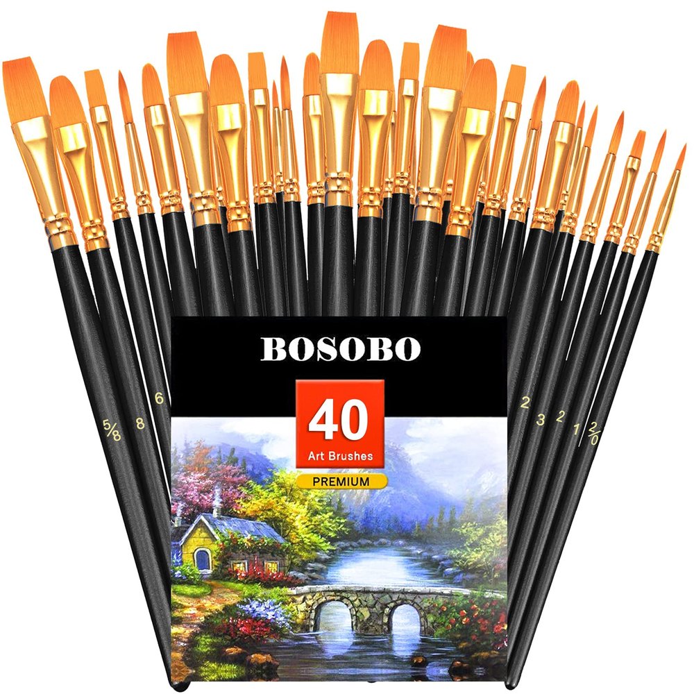 BOSOBO Paint Brushes Set, 4 Pack 40 Pcs Round Pointed Tip Paintbrushes Nylon Hair Artist Acrylic Paint Brushes for Acrylic Oil Watercolor, Face Nail Art, Miniature Detailing & Rock Painting, Black