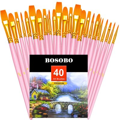BOSOBO Paint Brushes Set, 4 Pack 40 Pcs Round Pointed Tip Paintbrushes Nylon Hair Artist Acrylic Paint Brushes for Acrylic Oil Watercolor, Face Nail Art, Miniature Detailing & Rock Painting, Pink