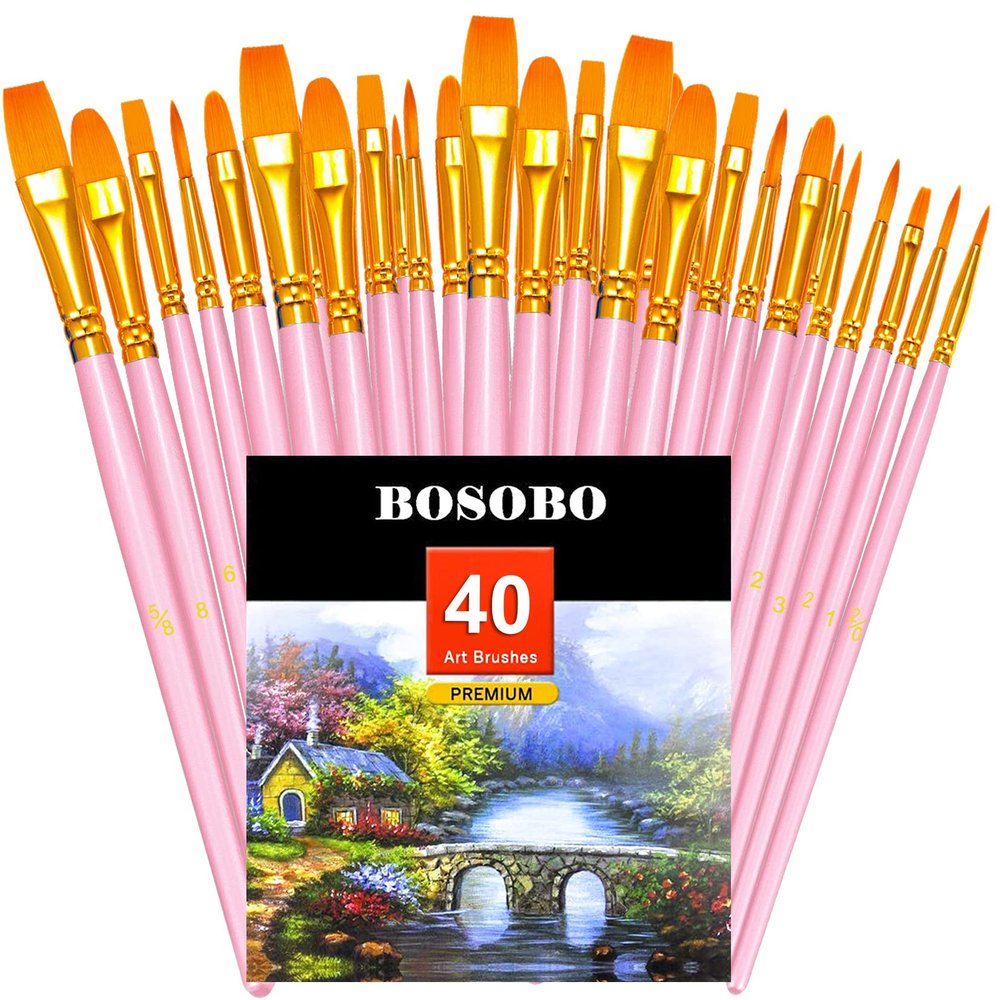 BOSOBO Paint Brushes Set, 4 Pack 40 Pcs Round Pointed Tip Paintbrushes Nylon Hair Artist Acrylic Paint Brushes for Acrylic Oil Watercolor, Face Nail Art, Miniature Detailing & Rock Painting, Pink