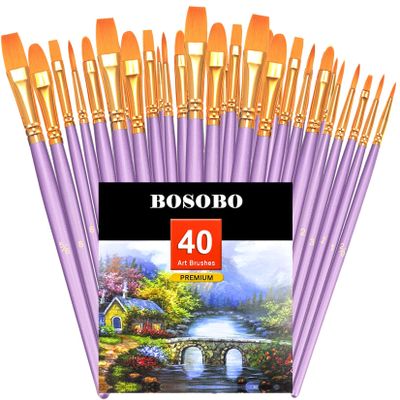 BOSOBO Paint Brushes Set, 4 Pack 40 Pcs Round Pointed Tip Paintbrushes Nylon Hair Artist Acrylic Paint Brushes for Acrylic Oil Watercolor, Face Nail Art, Miniature Detailing & Rock Painting, Purple
