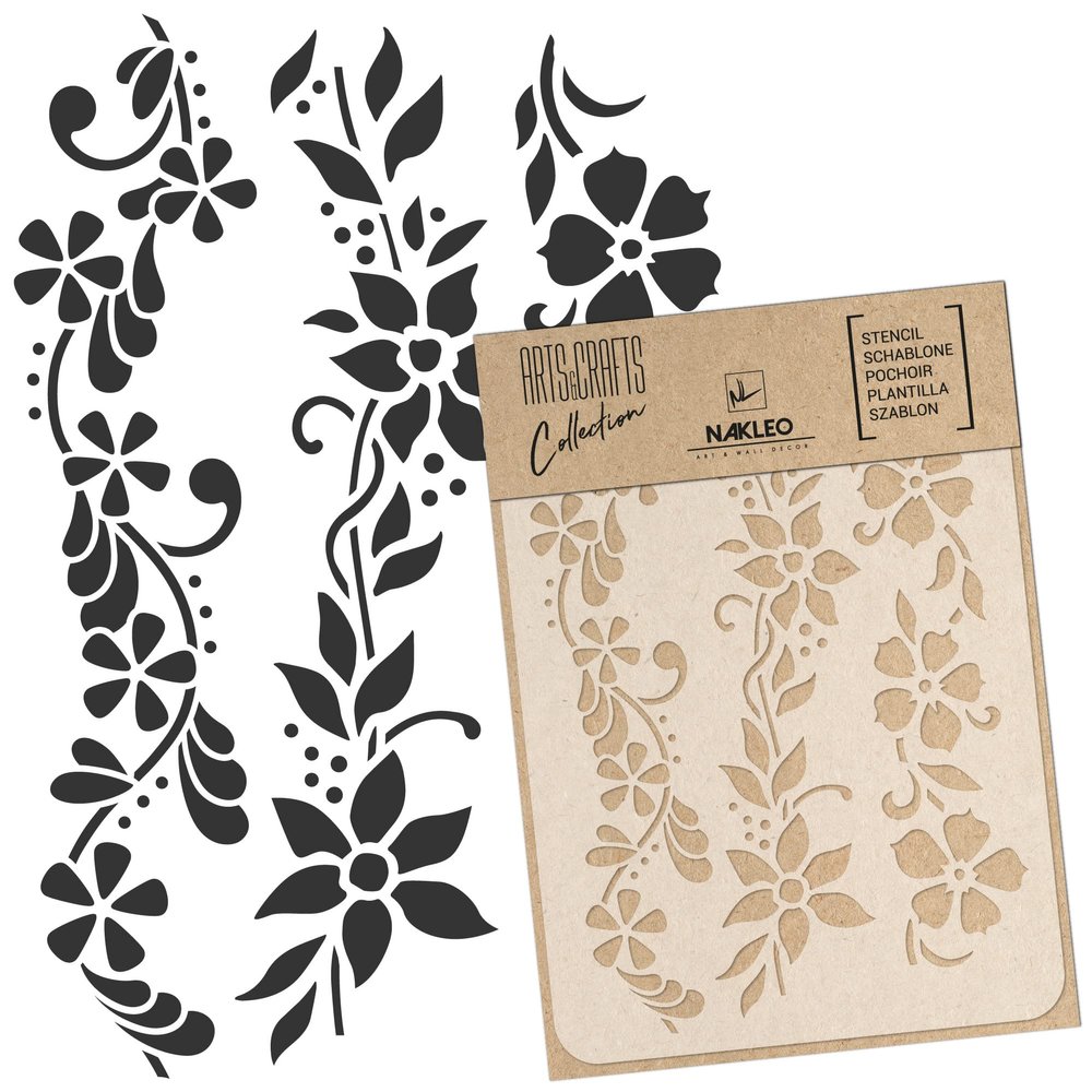 NAKLEO Painting Stencil for Crafts A5 5.9 x 8.3, Flowers Mini Border Pattern, Reusable Plastic DIY & Scrapbooking Drawing Template, Decoupage Art Home Decor, Wall Wood Fabric Furniture