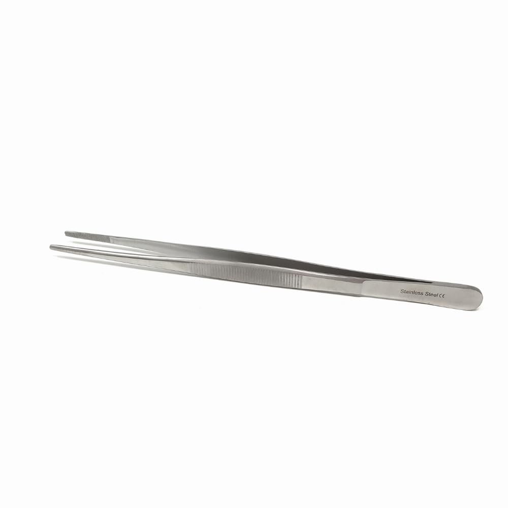 Straight Thumb Tweezers Stainless Steel with Non-Marring Blunt Serrated Tips & Ridged Handle For Hobby Craft Tools for Jewelry-Making, Soldering, Electronics Repair, Scrapbooking DIY Projects (10")