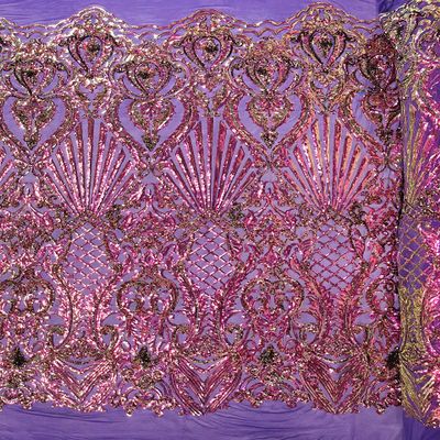 New Creations Fabric & Foam Inc, 50" Wide 100% Polyester Shiny Shell Damask Pattern On A 4 Way Stretch Mesh Fabric (Purple Iridescent)