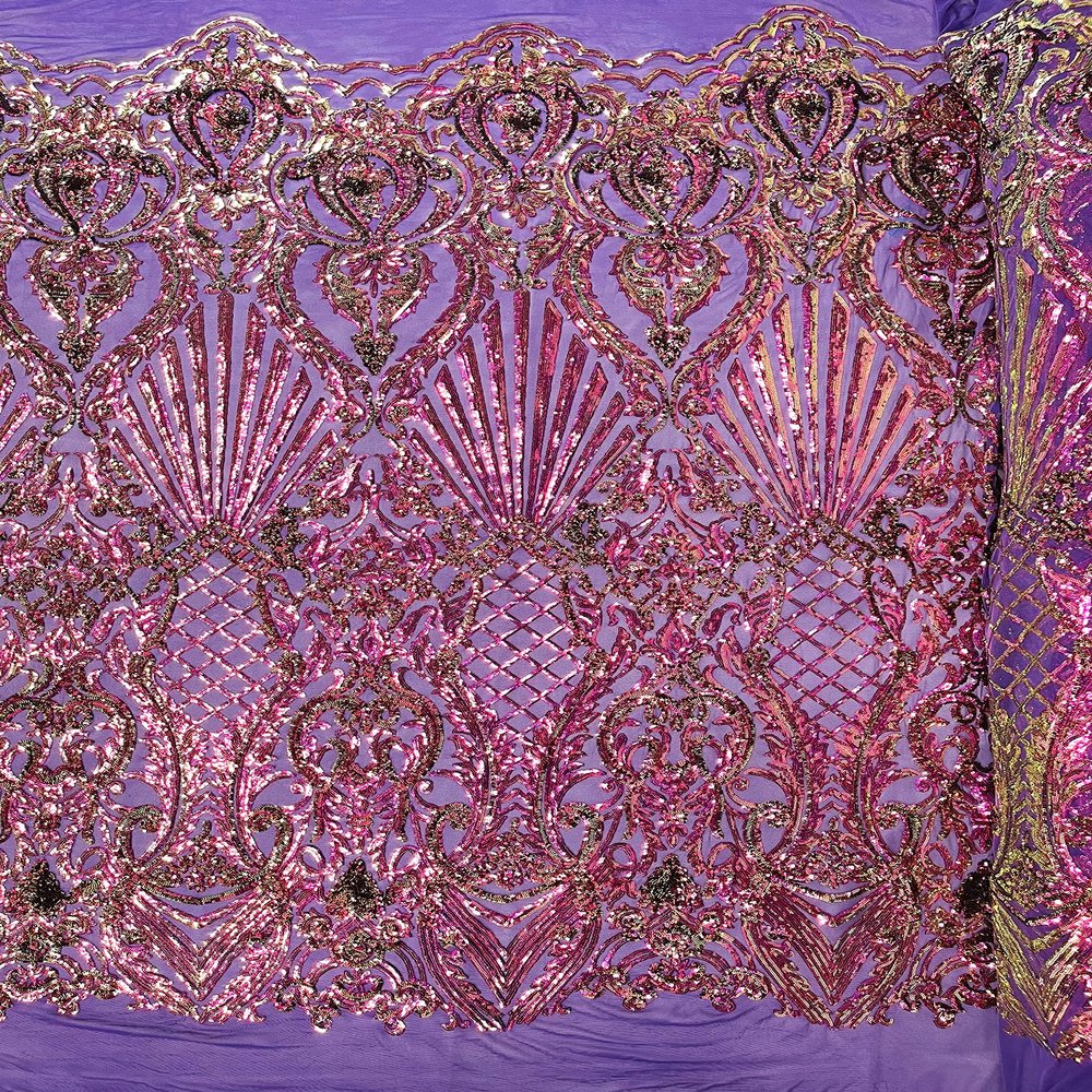 New Creations Fabric & Foam Inc, 50" Wide 100% Polyester Shiny Shell Damask Pattern On A 4 Way Stretch Mesh Fabric (Purple Iridescent)