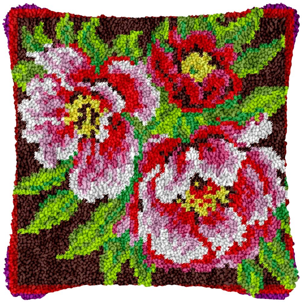 Yglnden Latch Hook Kit Pillow DIY Throw Cover Crochet Needlework Printed Canvas Decor for Adults (Flower 2:43x43cm/17 X17)