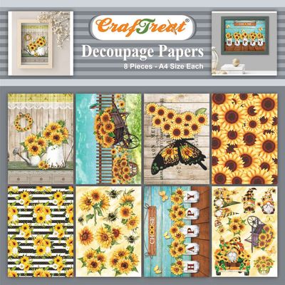 CrafTreat Sunflower Decoupage Paper A4 (8.3 x 11.7 Inch) 8 Sheets Vintage Floral Printed Craft Paper for Furniture, Scrapbooking, Collage & Journaling