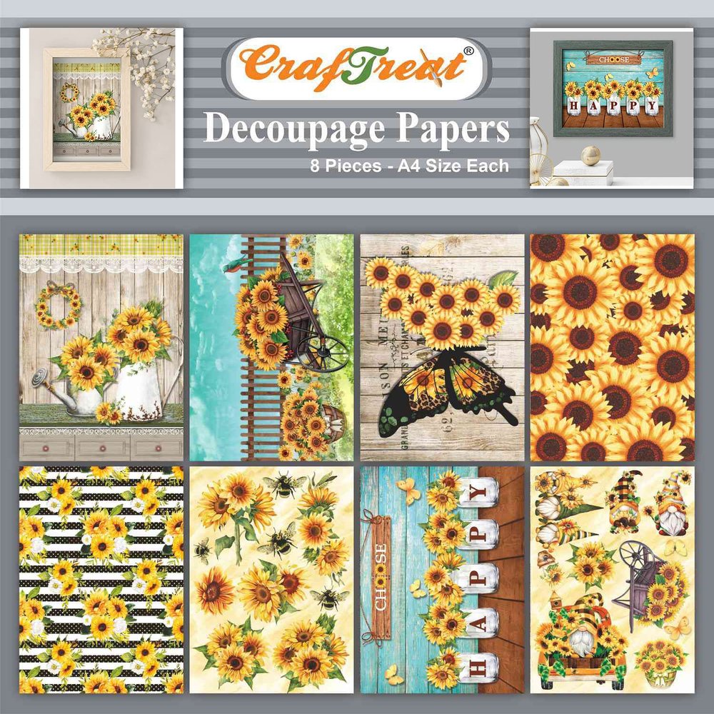 CrafTreat Sunflower Decoupage Paper A4 (8.3 x 11.7 Inch) 8 Sheets Vintage Floral Printed Craft Paper for Furniture, Scrapbooking, Collage & Journaling