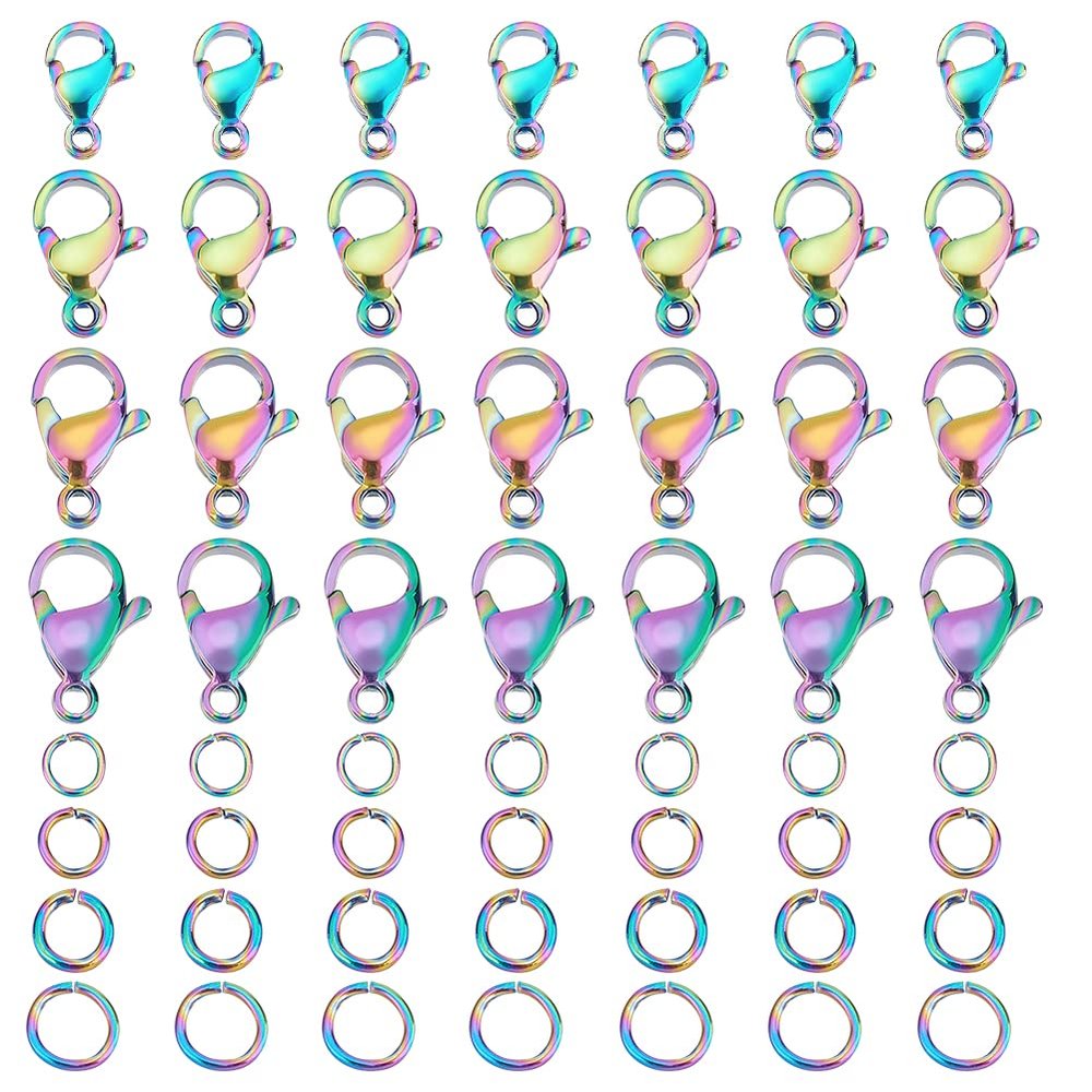 UNICRAFTALE 40Pcs 4 Style Rainbow Color 304 Stainless Steel Lobster Claw Clasps Hole 1~2.2mm with 40Pcs Open Jump Rings Metal Lobster Claw Clasps Findings Kits for Jewlery Making