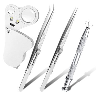 4 Pack Diamond Jewelers Tweezers Holder Pick up Tool Claw Gems Tweezer Grabber Jewelry Locking Tweezers with 30X 60X Jewelers Loupe Magnifier