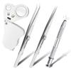 4 Pack Diamond Jewelers Tweezers Holder Pick up Tool Claw Gems Tweezer Grabber Jewelry Locking Tweezers with 30X 60X Jewelers Loupe Magnifier view 1