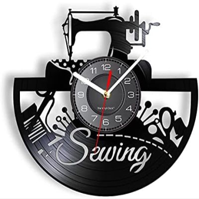 12 Inch Round Wall Clock Sewing Machine Dressmaker Vintage Design Vinyl Record Wall Clock Decor Tailor Quilting Artwork Seamstress Sewing Room Watch