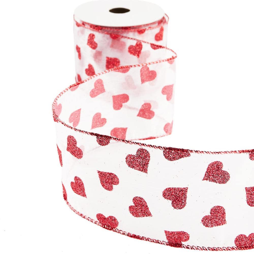 Red Hearts White Organza Wired Edge Valentine's Day Ribbon by Factory Direct Craft - Glitter Hearts Ribbon for Valentine Decorating and Displays - 18 Yards (6 spools, 3 Yards Each roll)