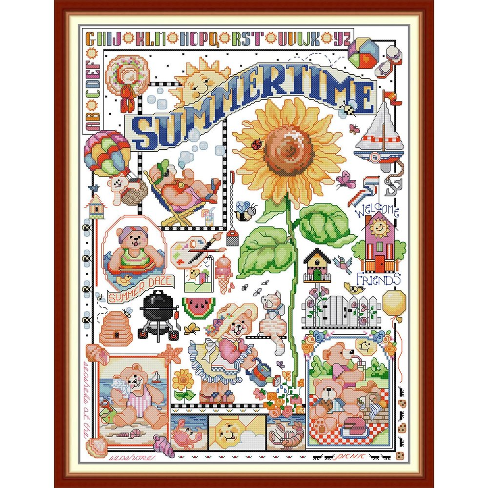 CaptainCrafts New Cross Stitch Kits Embroidery Kit Full Range Pre-Printed and Counted Fabrics Kits for Adults Beginners Home Decor (Stamped 11CT, Summer time)