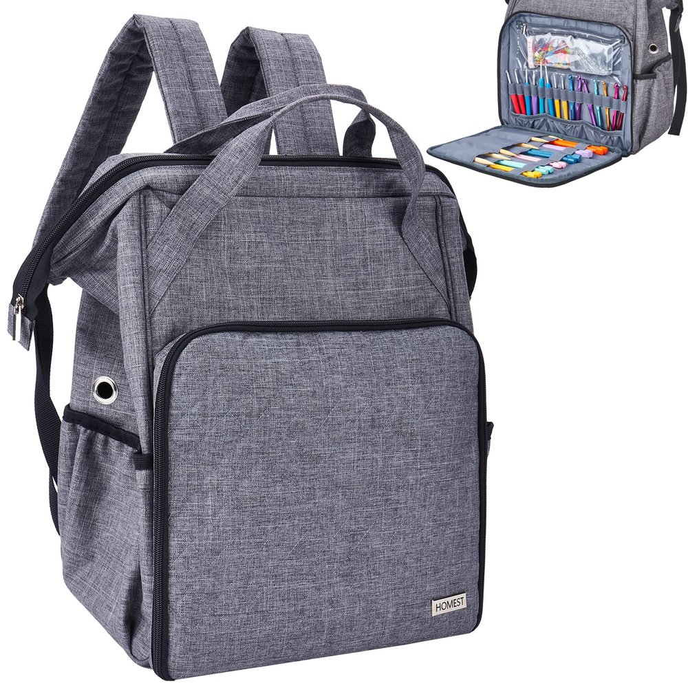 HOMEST Crochet Bag Organizer, Large Capacity Yarn Storage, Knitting Bag for Carrying Projects, Crocheting Hooks, Suppliers, Needles and Accessories, Grey