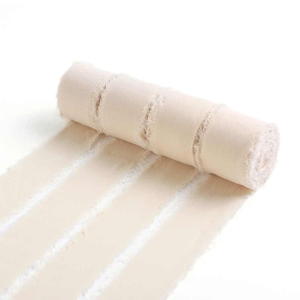 Ewaymado 4 Rolls Champagne Beige Handmade Fringe Chiffon Silk Ribbon 1" x 5Yd Per Roll,Frayed Edges Ribbon for Gifts Wrapping,Wedding Decoration,Bridal Bouquets(1" X20 Yd Champagne Beige)