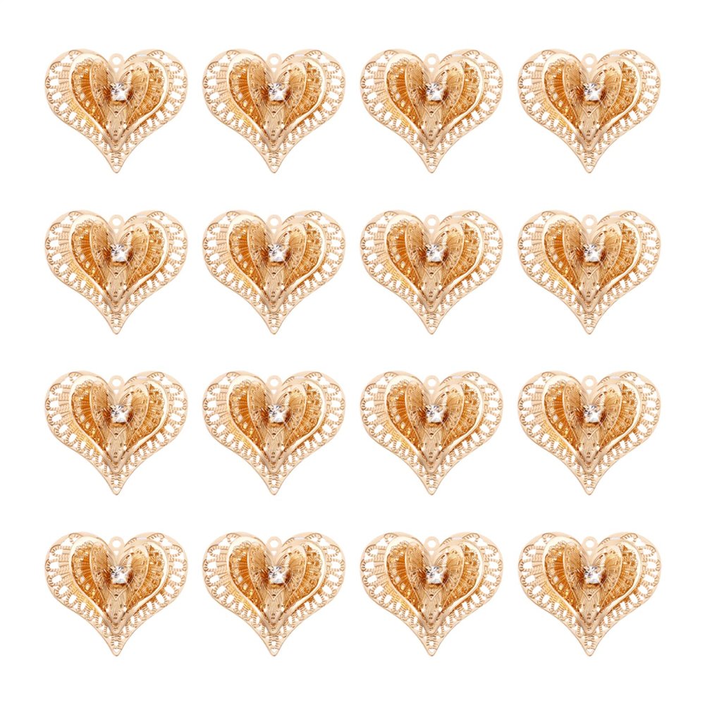 Spritewelry 30pcs Filigree Heart Charms 3D Heart Beads Pendants with Crystal Rhinestone for Bracelet Necklace Earring Keychain Jewelry Making Finding Accessory