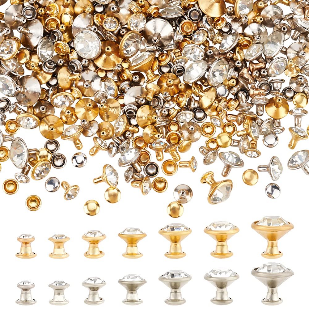 FINGERINSPIRE 280 Sets 7 Sizes Clear Rhinestone Rivets (5~11mm) Platinum & Gold Crystal Rivets Metal Double Cap Rhinestone Stud Rivets Studs for Leather Clothes Arts Crafts Decor