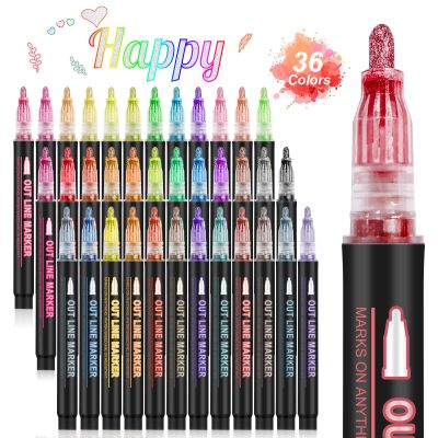 Banral Double Line Outline Pens Shimmer Markers, 36 Colors Metallic Glitter Outliner Pen Set for Art Crafts