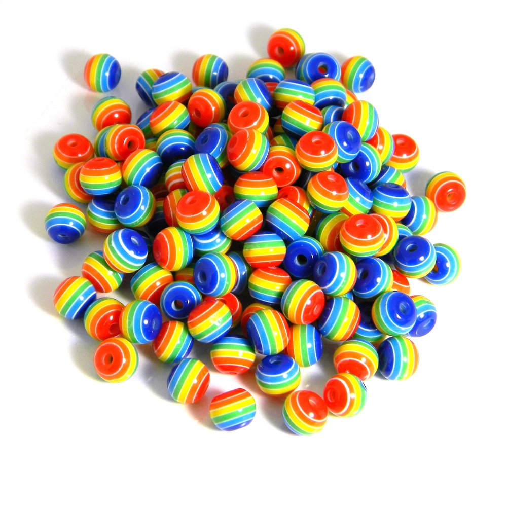 100 Rainbow Stripe 8mm Round Plastic Acrylic Jewelry Resin Beads with Red Orange Yellow Green Blue Opaque Striped Lines