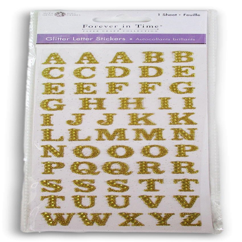Gem Studded Alphabet Stickers - Gold Colored Adhesive Small Letter Stickers for Cardmaking, Scrapbooking, Crafts - 0.5 Inches - 55 Pieces