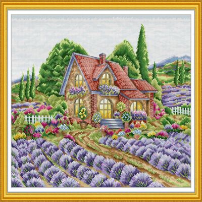 CaptainCrafts New Cross Stitch Kits Embroidery Kit Full Range Villages Landscape Pre-Printed and Counted Fabrics Kits for Adults Beginners Home Decor (Unpreprint 14CT, House of Lavande)