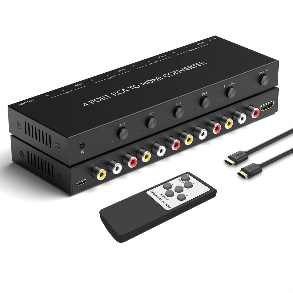 Azduou 4 AV to HDMI, 1080P/720P 4 Way RCA Composite CVBS AV Switch to HDMI Converter Adapter Support 4:3/16:9 Switching, for Sega Xbox PS1 PS2 PS3 N64 NGC SNES WII VHS VCR Camera DVD with Remote