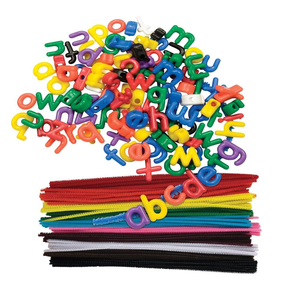 Kaplan Early Learning Lacing Lower Case Letter Beads & Chenille Stems | 288 Lowercase Alphabet Beads for Letter Recognition, Early Literacy for Kids, Ages 4+ Years