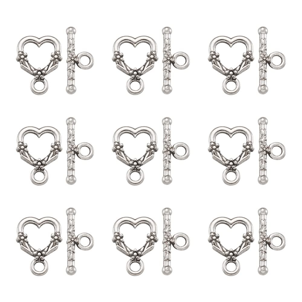 Bestewelry 20 Sets Tibetan Silver Heart Toggle Clasps Antique Silver Color Alloy Fastener Hook Toggle Clasps Connectors Findings for Jewelry Making DIY Bracelet Necklace