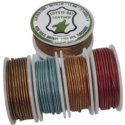 Coyote Bay Genuine Leather Cord in 4 Metallic Colors, 11 Yards Each, for Jewelry Making, Crafts and Hobby Projects (1.5 mm)